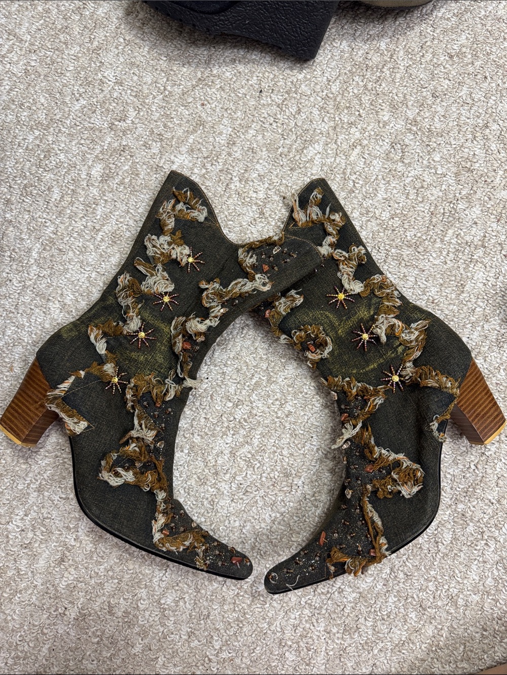 Embellished Dark Olive Textile Western Ankle Boots